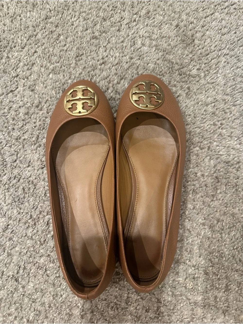Tory Burch Tan Leather Logo Ballet Flats with Gold Emblem